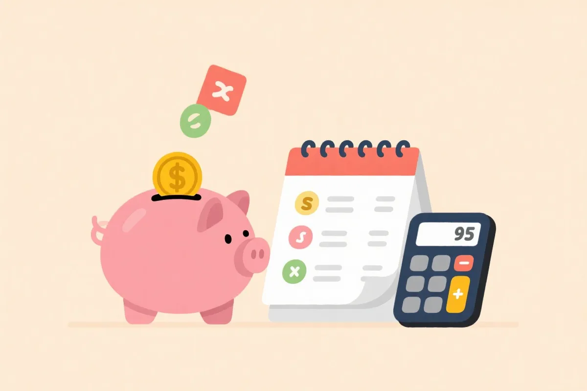 理性购彩的预算与计划：储蓄罐、日历与清单的简洁插画